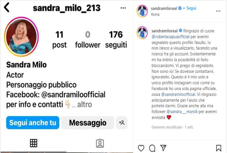 sandra milo profilo falso-political24